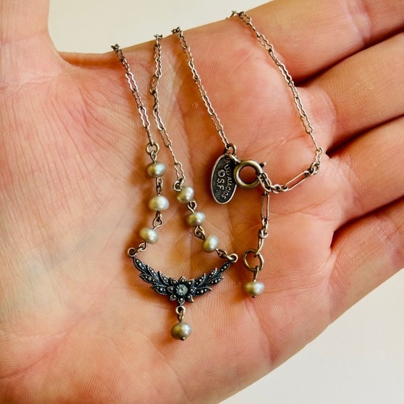 Liz Palacios SF Necklace Filigree swarovski jeweled blue Pearl silver 90s Y2k - Picture 1 of 5